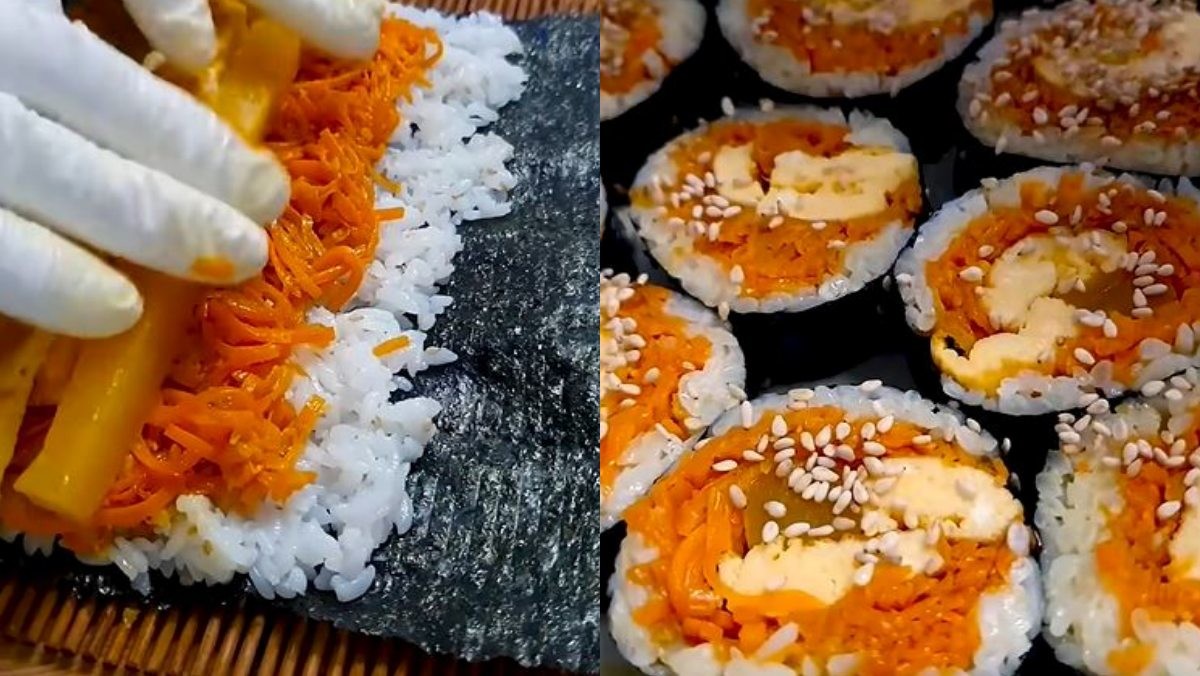 모든 재료를 김과 밥과 함께 마는 모습(왼)과 완성된 당근 김밥 모습(오). / 유튜브 '루다 테이블 Luda Table'