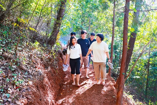 보성읍 망제산에 조성한 ‘맨발 산책길’을 주민들이 걷고 있다