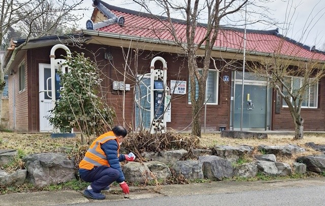 경로당 앞 정하조에 유충구제 약품을 투여하고 있다.
