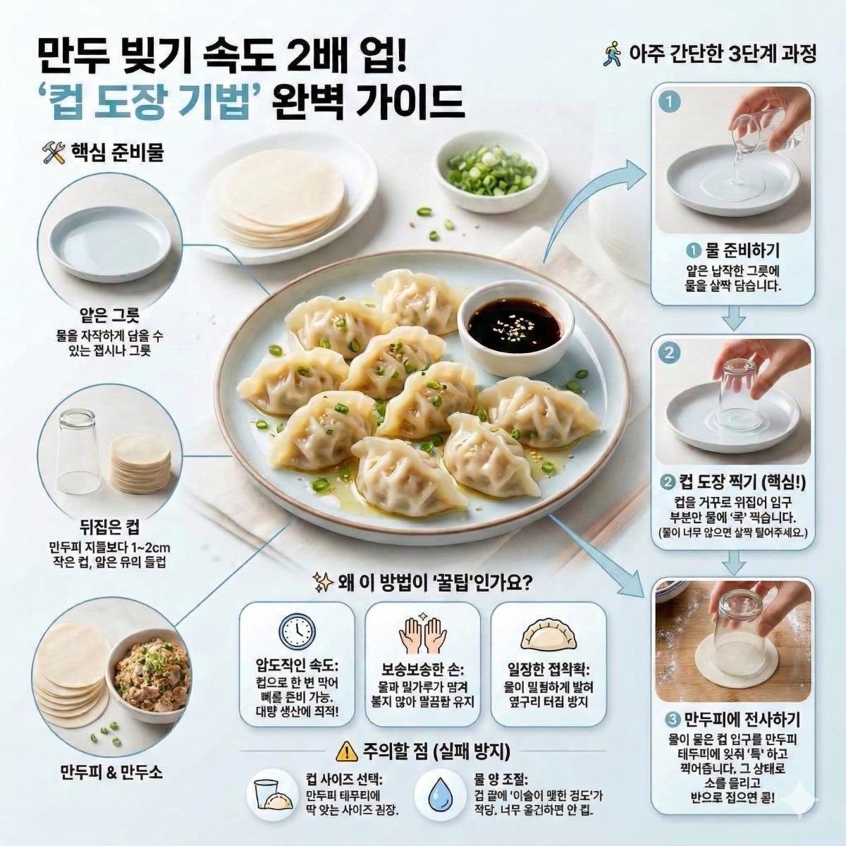 만두 빚기 '컵 도장 기법' 꿀팁 1장 요약. 기사 내용 토대로 AI툴 활용해 제작한 자료사진.