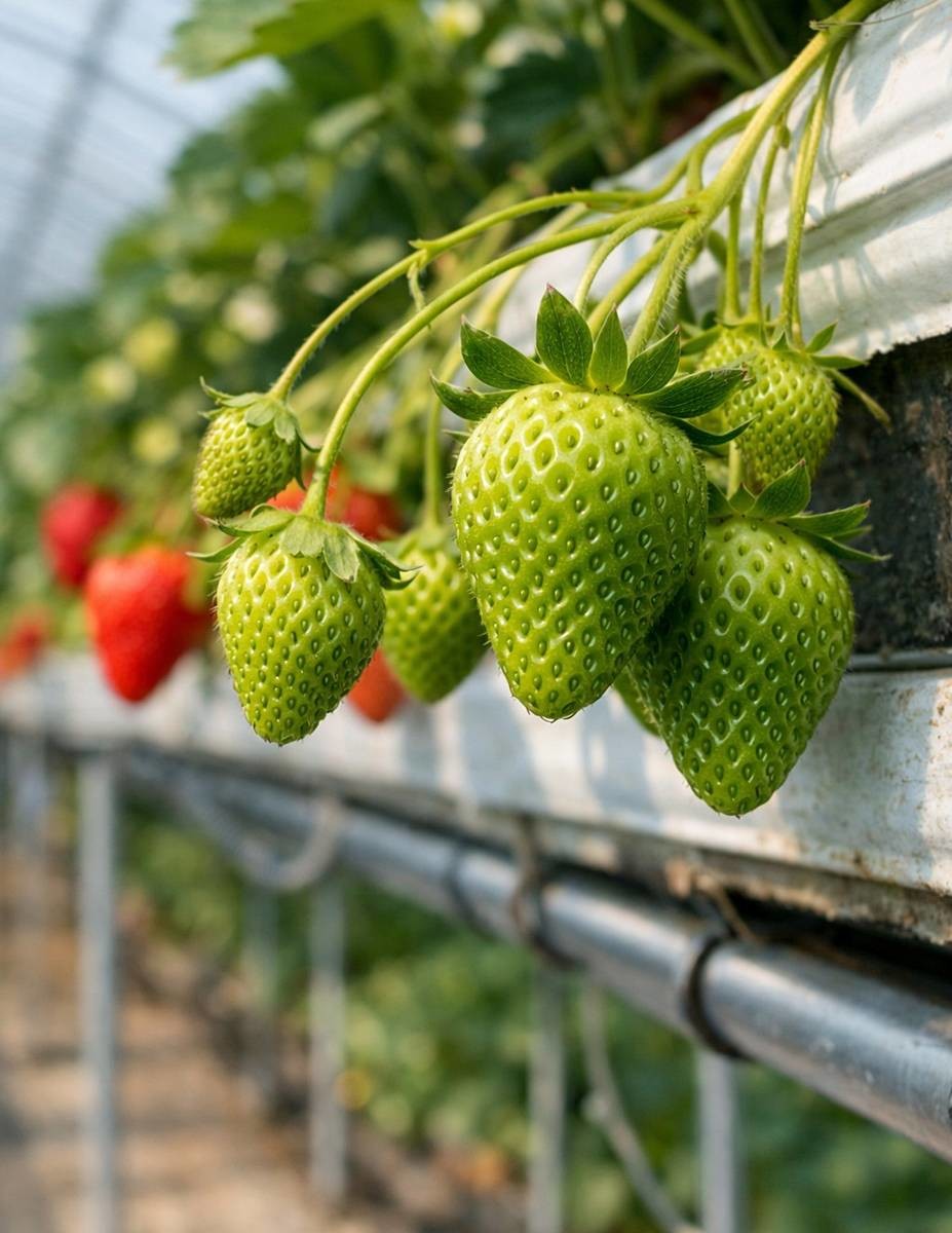 생육이 더뎌 초록빛이 도는 딸기. 기사에 대한 이해를 돕기 위해 AI 툴로 제작한 자료 사진