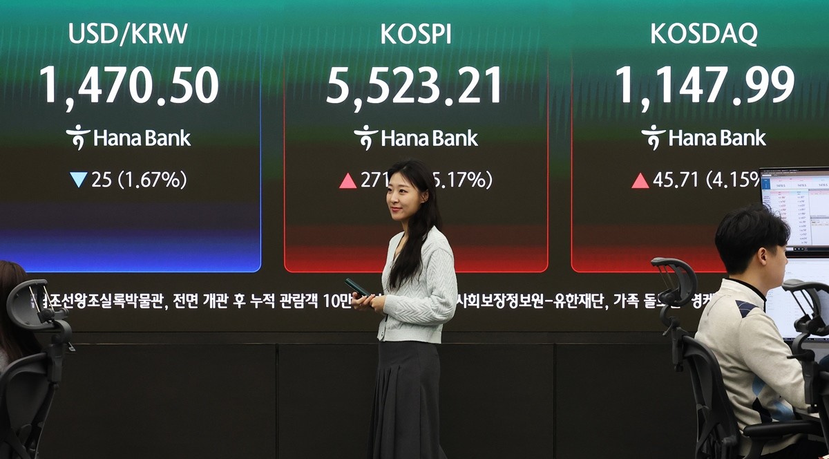 10일 오전 서울 중구 하나은행 딜링룸 전광판에 코스피 시황이 표시되고 있는 모습. 이날 코스피는 전 거래일 대비 5.17% 오른 5523.21, 코스닥은 4.15% 오른 1,147.99, 원·달러환율은 24.7원 내린 1470.8원에 개장했다.  / 뉴스1