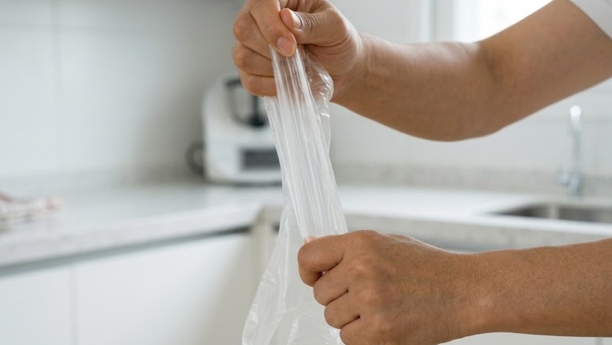 비닐장갑을 위 아래 방향으로 늘리는 모습. AI가 생성한 자료사진.