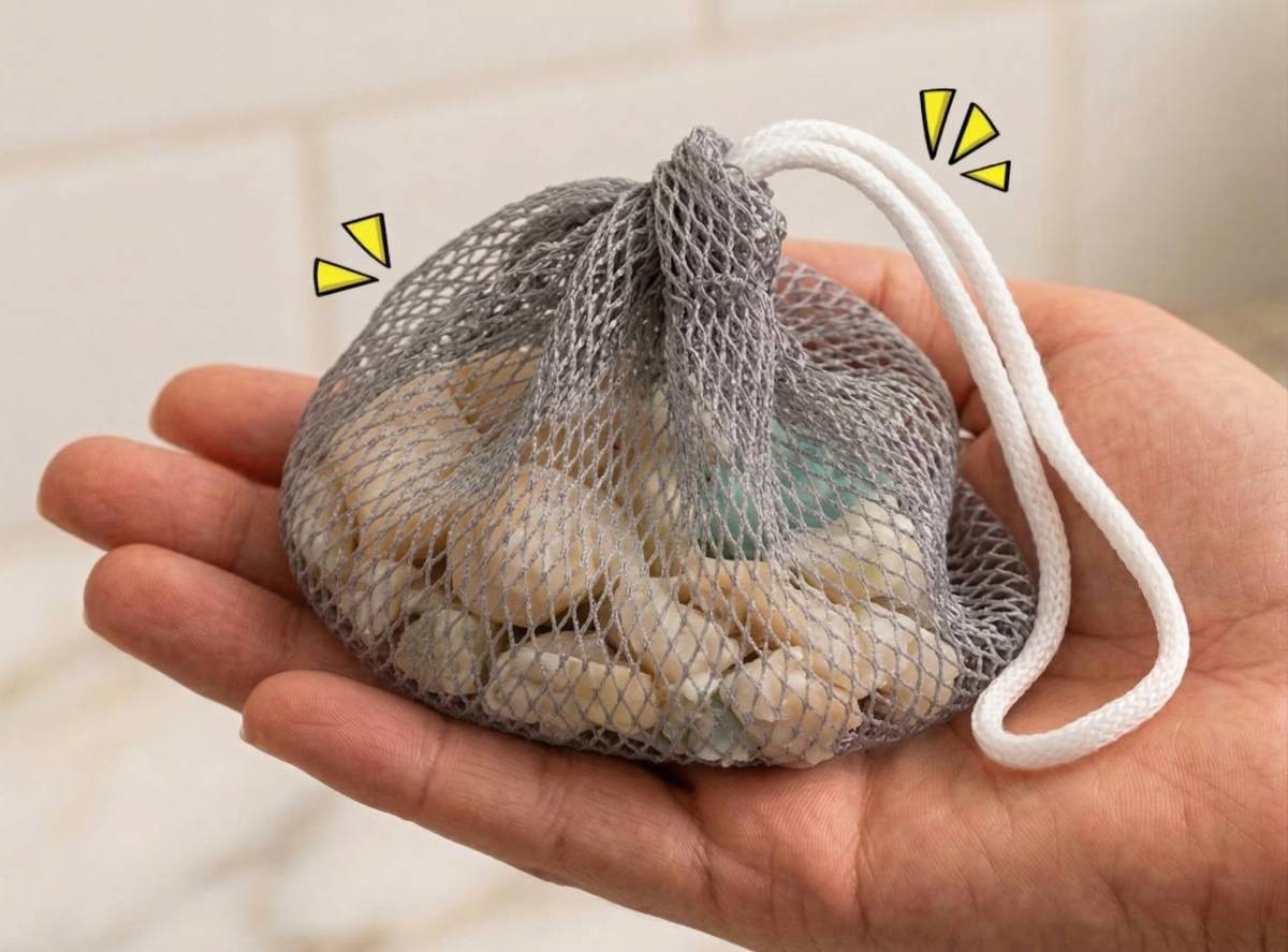 집에서 쉽게 만들수 있는 자투리 비누 보관용 '샤워볼 비누망'. / 유튜브 'Bandi'