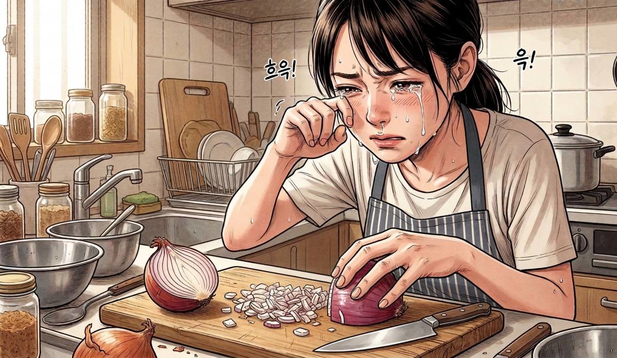 '양파 썰기 극한 체험' 기사 내용 토대로 AI툴 활용해 제작한 자료사진.