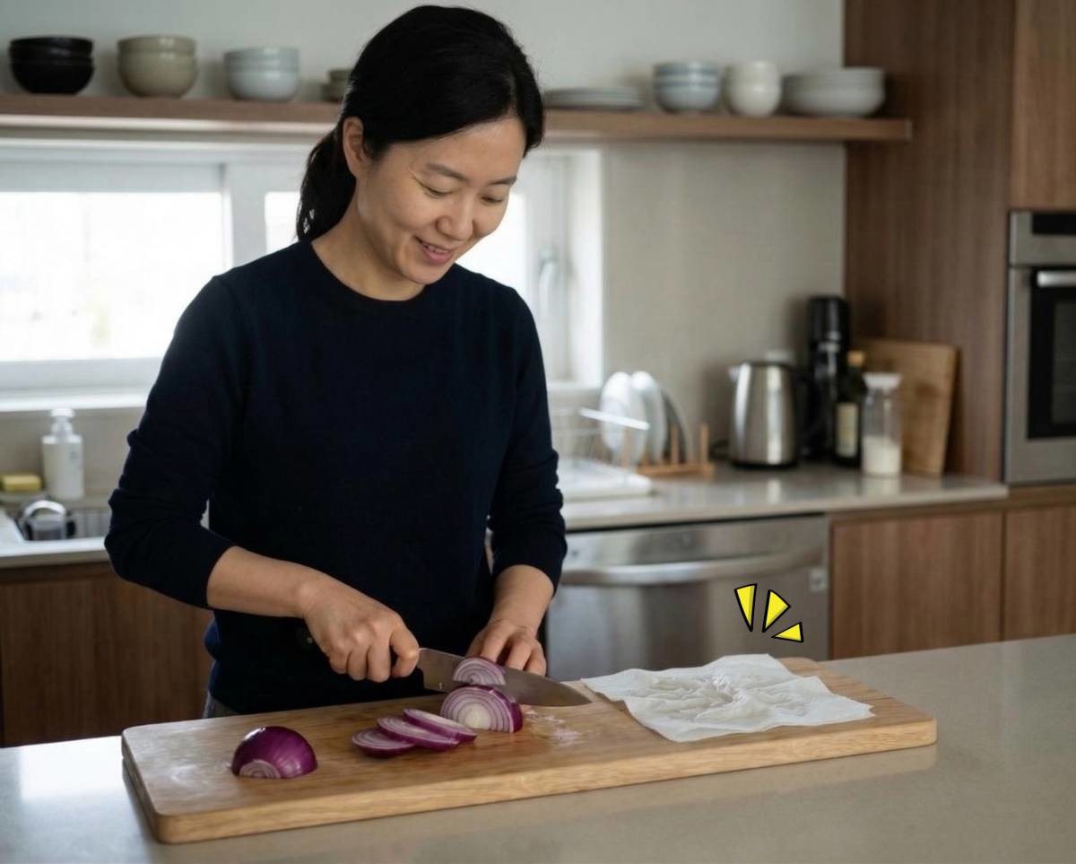 도마에 젖은 휴지 1장 올리고 양파 썰기. 기사 내용 토대로 AI툴 활용해 제작한 자료사진.