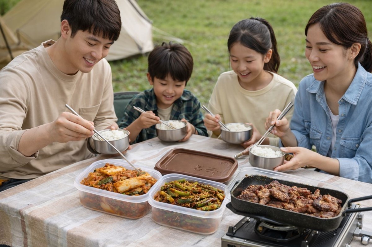 캠핑장에서 준비해 온 밑반찬으로 식사하는 모습. 기사 이해를 돕기 위해 AI를 활용해 제작한 자료 사진입니다. 실제 모습과 다소 차이가 있을 수 있습니다.