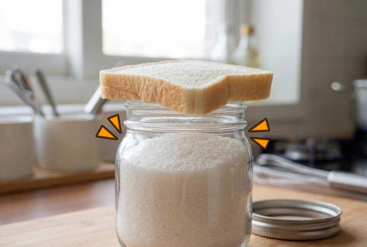 설탕 통 안에 빵을 넣어뒀다가 뺀 상태. 다시 부드러워진 설탕. 기사 내용 토대로 AI툴 활용해 제작한 자료사진.