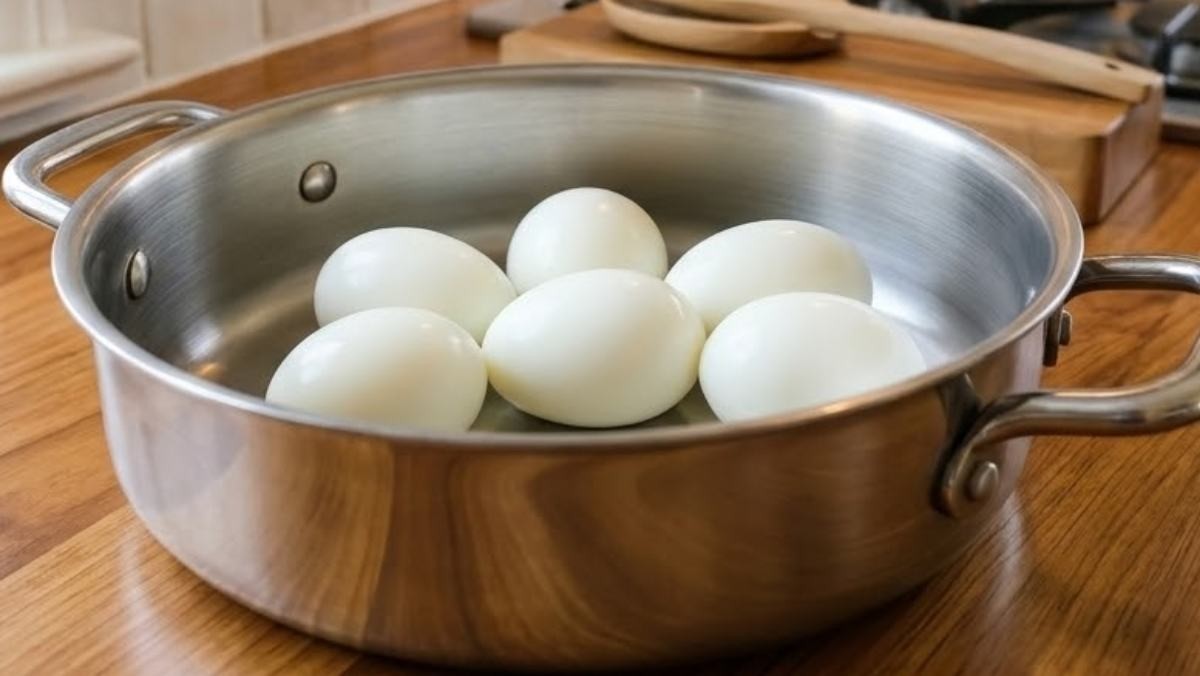 삶은 계란이 냄비에 들어있는 모습. / AI가 생성한 자료사진.