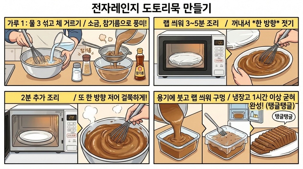[만화] 전자레인지로 묵 만들기. AI로 생성됐습니다.