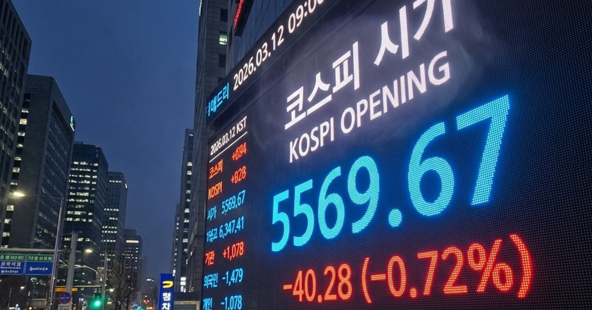 26년 3월 12일 코스피 시가. 기사 이해를 돕기 위해 AI로 제작한 이미지.