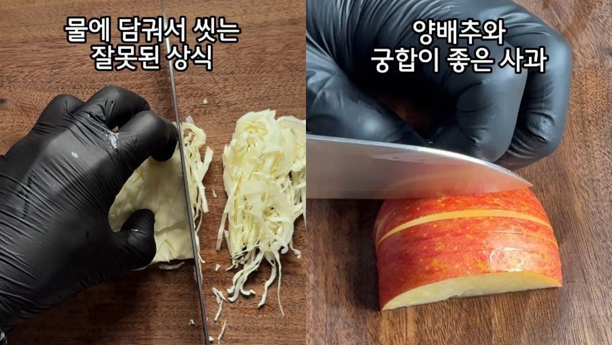 양배추와 사과를 써는 모습. / 유튜브 '식감일'