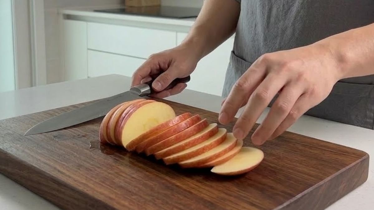 사과를 먹기 좋게 써는 모습. AI가 생성한 자료사진.