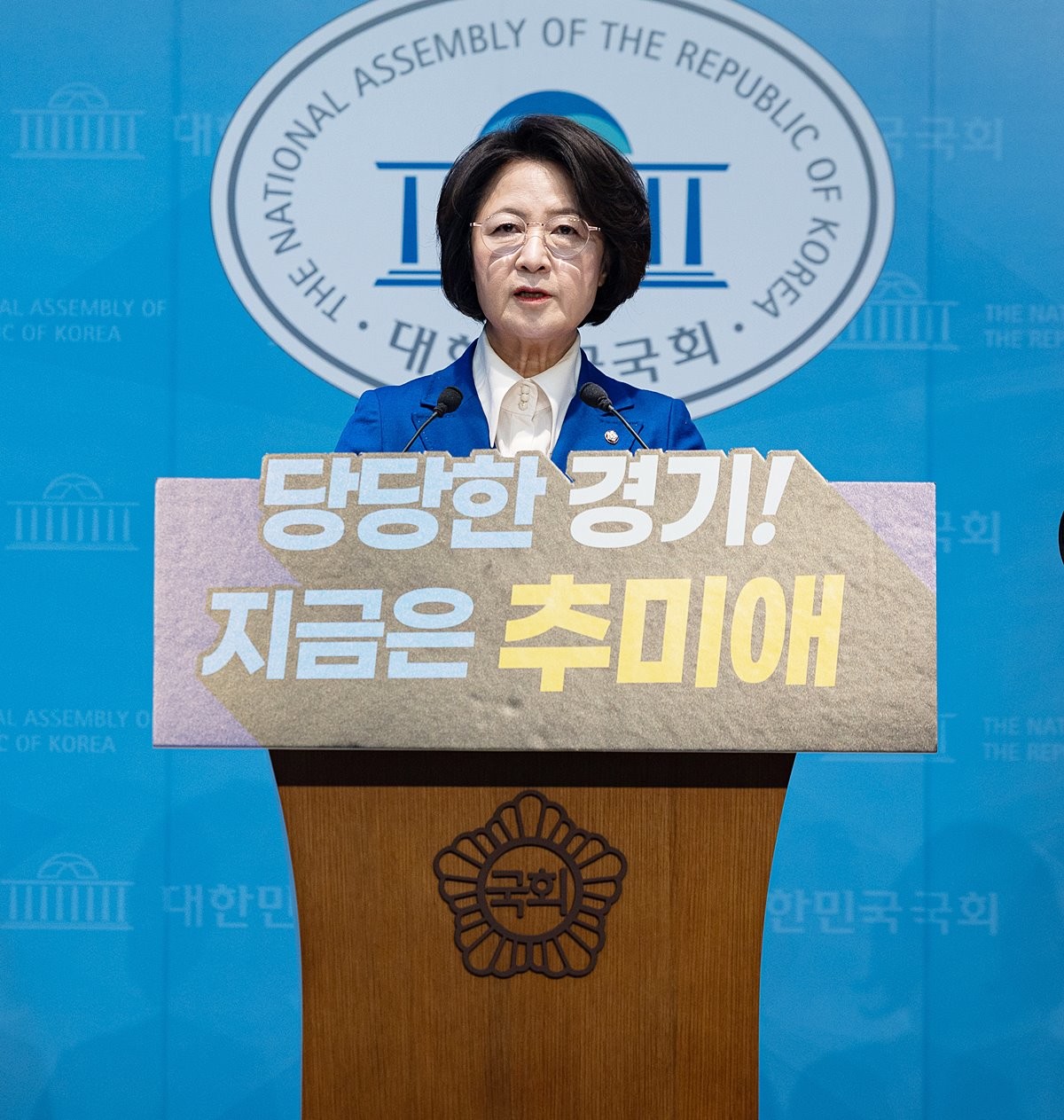 추미애 더불어민주당 의원이 12일 서울 여의도 국회 소통관에서 경기도지사 출마 선언 기자회견을 하고 있다. / 뉴스1