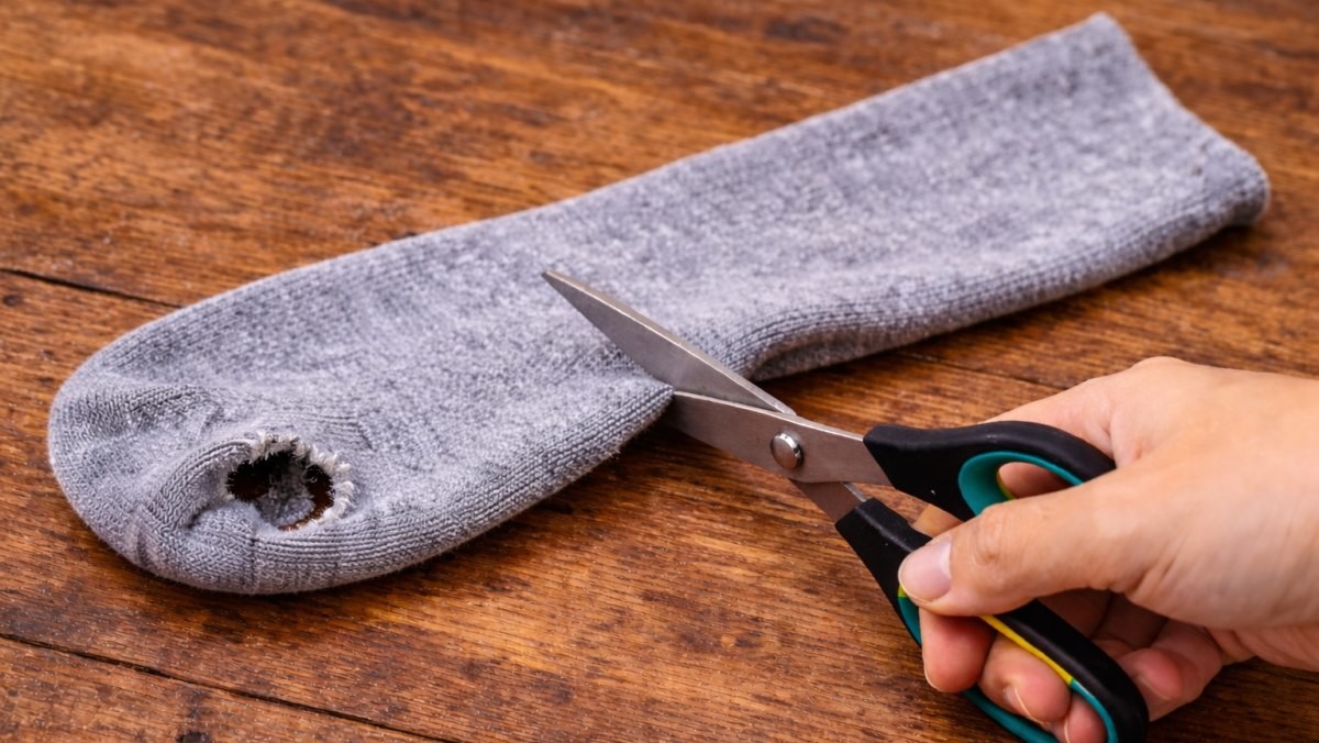 구멍 난 양말을 자르는 모습 / 기사 내용을 바탕으로 제작한 AI 이미지