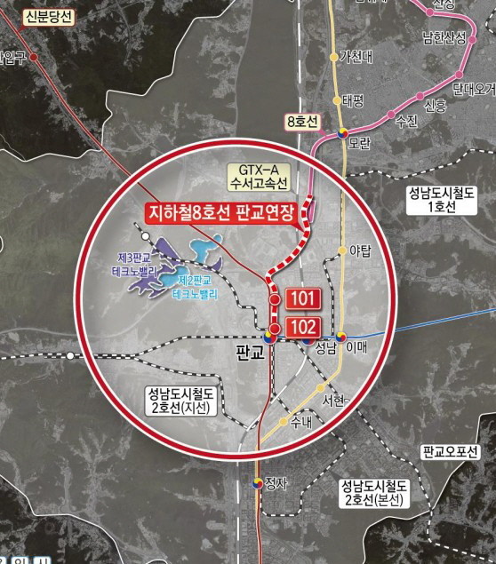 지하철 8호선 판교연장사업 노선도. / 성남시