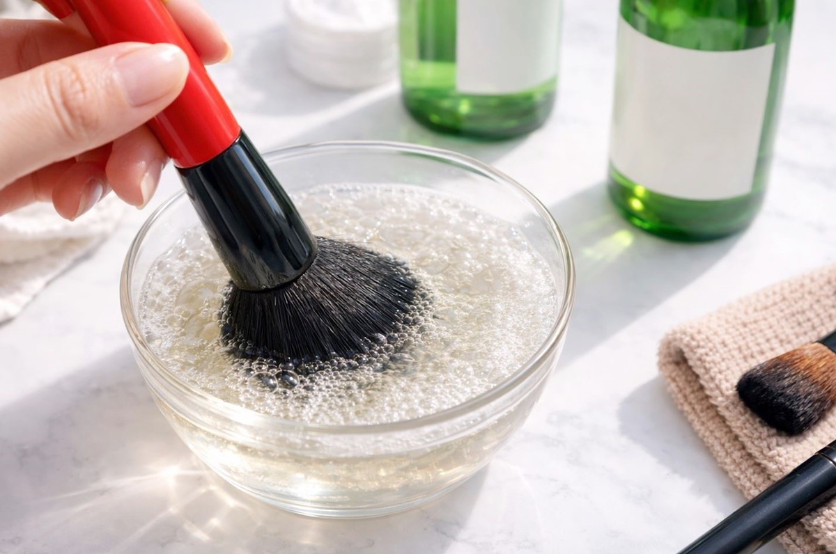 사용한 화장용 메이크업 브러시를 소주에 세척하는 모습. 기사 이해를 돕기 위한 자료 사진입니다. 실제 모습과 다소 차이가 있을 수 있습니다.