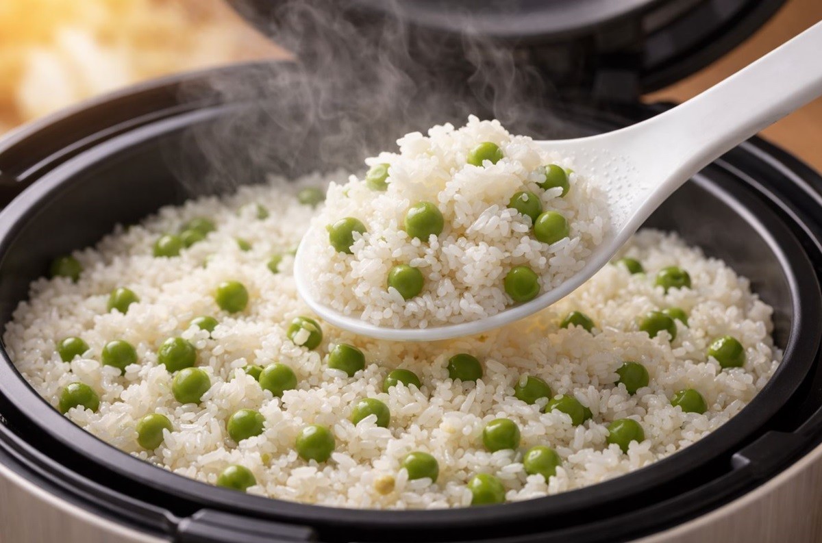 흰쌀밥에 완두콩을 넣은 완두콩밥 모습. 기사 이해를 돕기 위해 AI를 활용해 제작한 자료 사진입니다. 실제 모습과 다소 차이가 있을 수 있습니다.