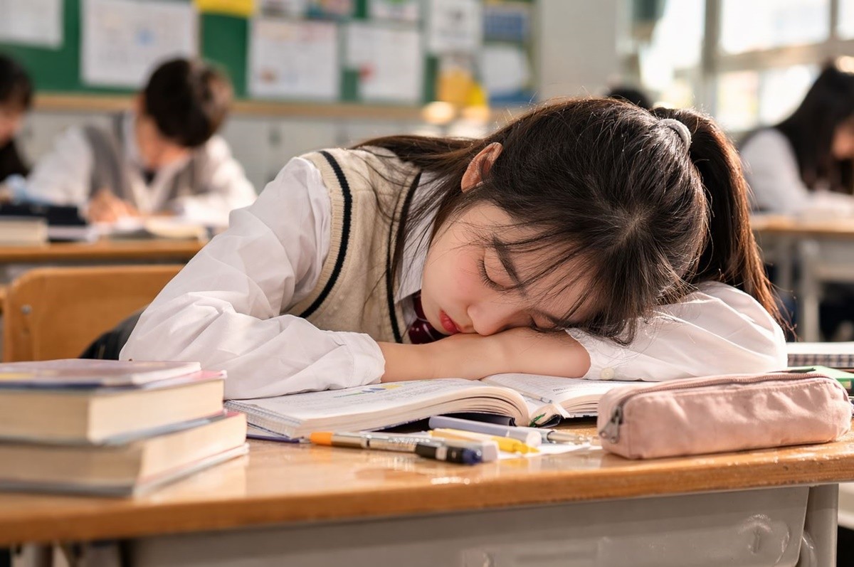 충분한 수면을 취하지 못해 학교 책상에서 잠이 든 학생 모습. 기사 이해를 돕기 위해 AI를 활용해 제작한 자료 사진입니다.