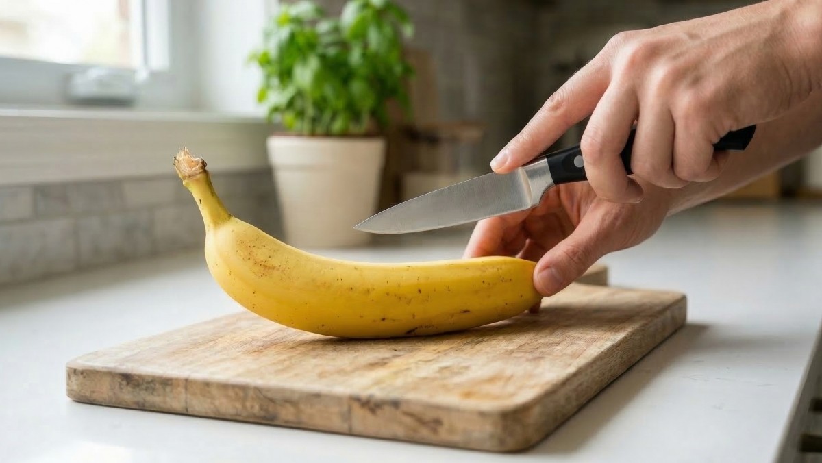 기사를 바탕으로 AI가 생성한 자료사진. 바나나 양쪽 끝을 잘라주고 랩에 감싸 밀폐 보관하면 더 신선하게 즐길 수 있다.