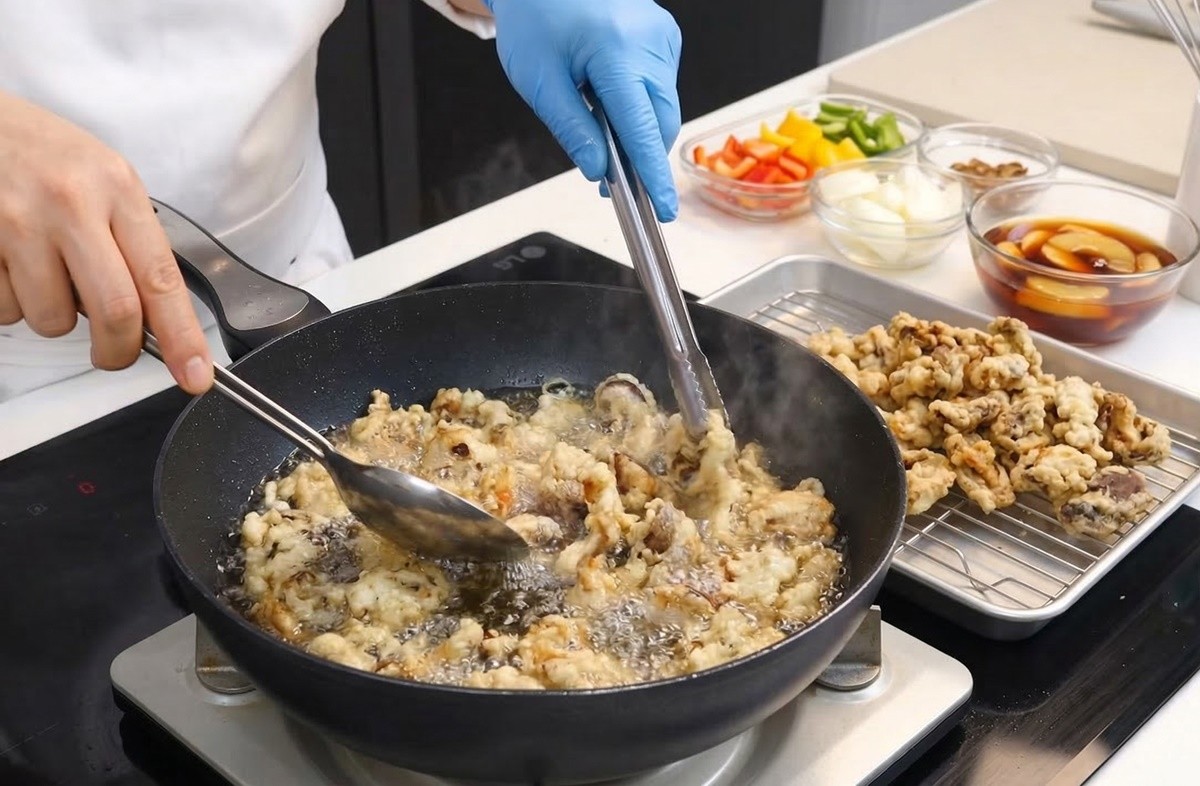 표고 탕수육을 만드는 모습. 기사 이해를 돕기 위해 AI를 활용해 제작한 자료 사진입니다. 실제 모습과 다소 차이가 있을 수 있습니다.
