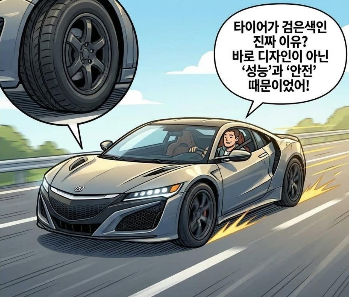 검정색 타이어의 자동차가 달리는 모습. AI가 생성한 자료사진.