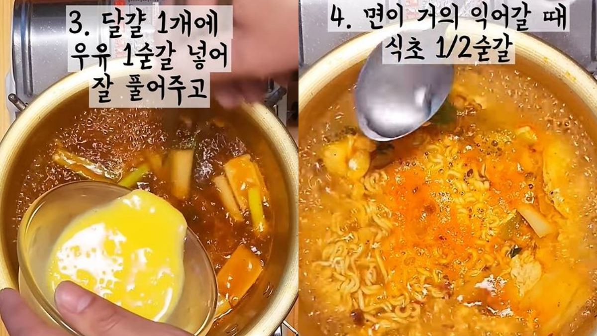 계란에 우유를 넣어 푼 후 라면 국물에 넣는 모습(왼)과 마지막에 식초 반 숟가락을 넣는 모습. / 유튜브 '충청오빠'
