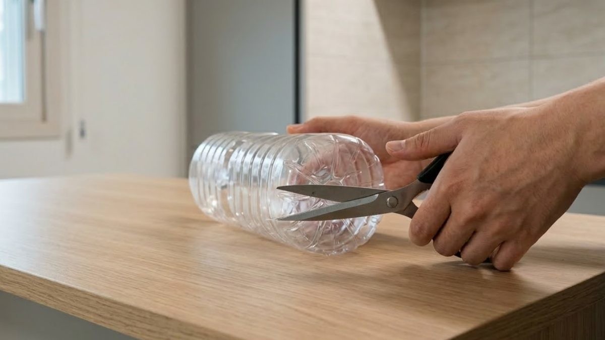 페트병 밑단을 자르려는 모습. AI가 생성한 자료사진.