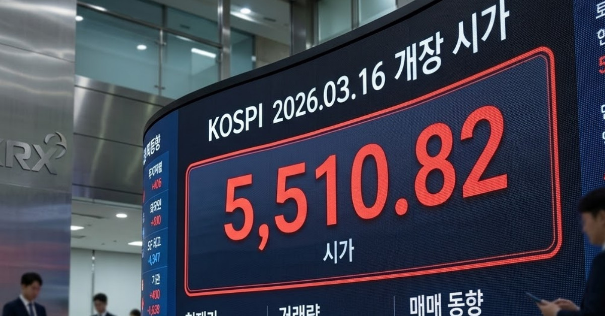 26년 3월 16일 코스피 시가. 기사 이해를 돕기 위해 AI로 제작한 이미지.