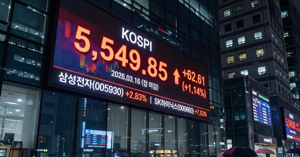 26년 3월 16일 코스피 마감 지수. 기사 이해를 돕기 위해 AI로 제작한 이미지.