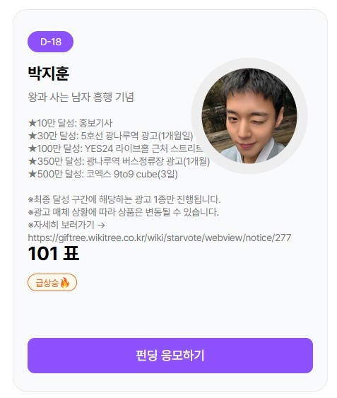 박지훈 투표 펀딩 화면. / 기프트리 캡처