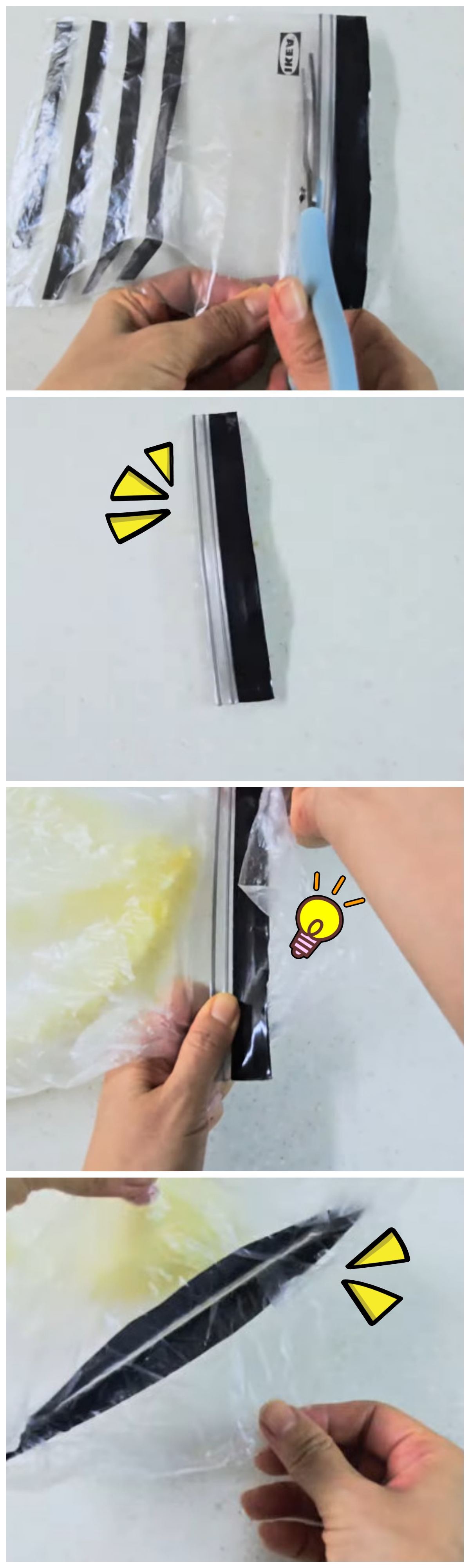 지퍼백 '윗부분'만 가위로 길게 잘라내서 별도의 밀폐 도구처럼 활용하는 꿀팁. / 유튜브 '호호리뷰'