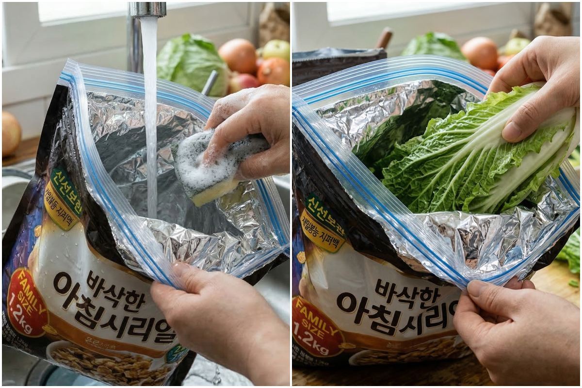 지퍼 달린 시리얼 봉지 사용 후 잘 세척해서 야채 보관용으로 활용하는 뜻밖의 꿀팁. 기사 내용 토대로 AI툴 활용해 제작한 자료사진.