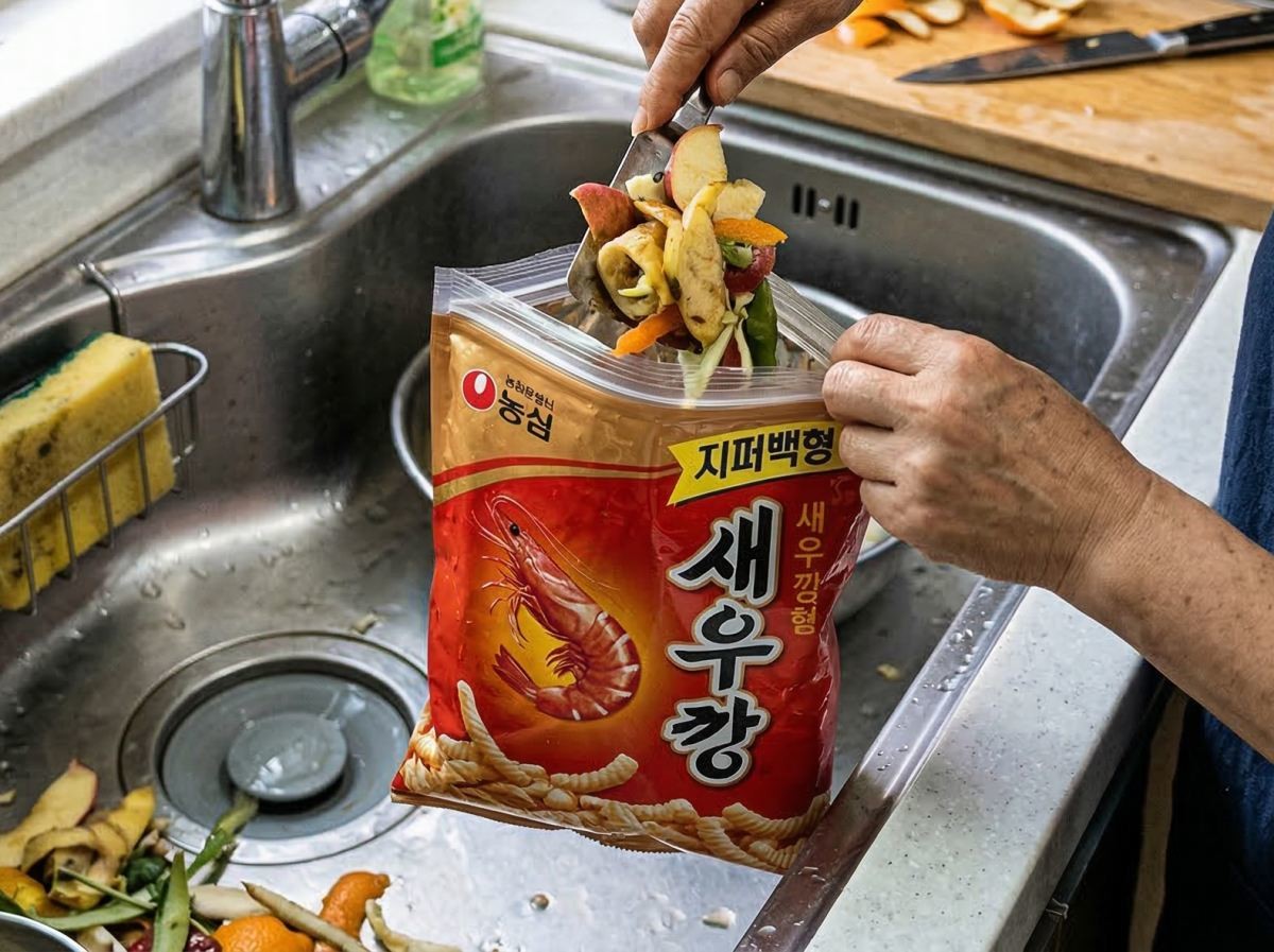 여름철 초파리 꼬이지 않게 간단한 음식물 쓰레기 보관용으로 딱인 지퍼 달린 과자 봉지. 기사 내용 토대로 AI툴 활용해 제작한 자료사진.