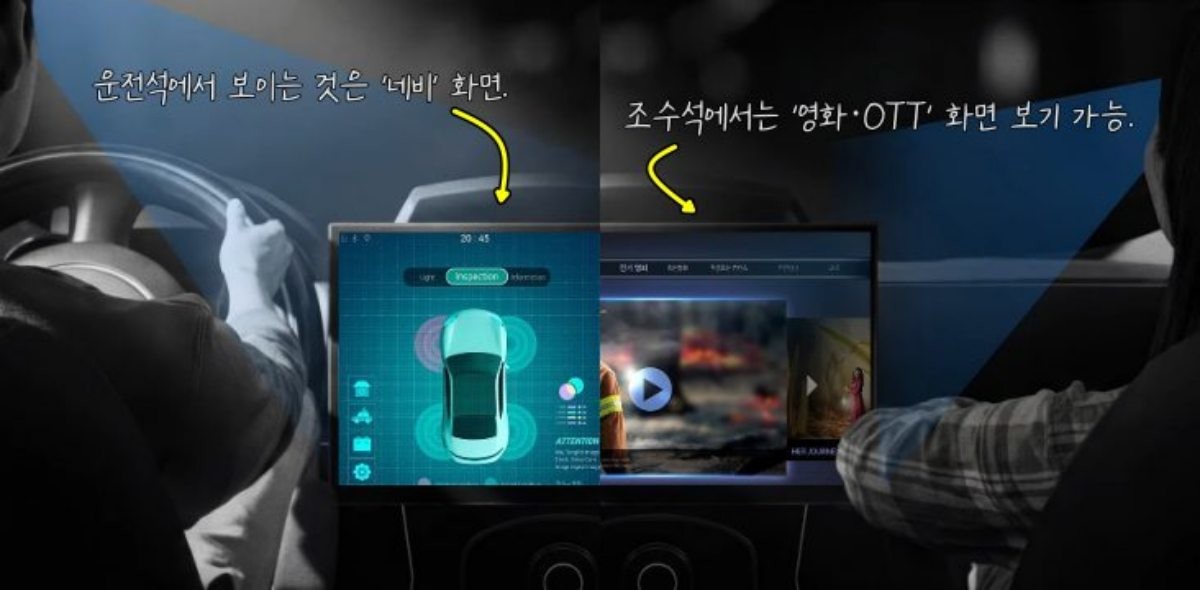 한 화면에서 두 개 콘텐츠를 볼 수 있는 '차량용 스마트 듀얼뷰 OLED' LG그룹 공식 SNS 자료에 텍스트 설명을 추가한 이미지.