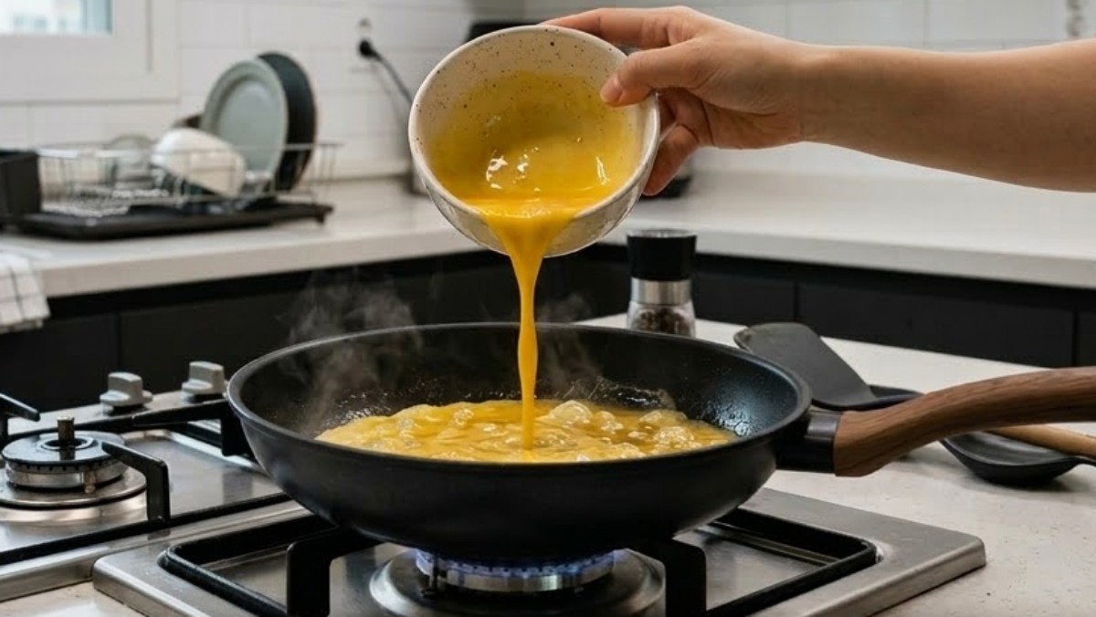 계란 푼 물을 후라이팬에 붓는 모습. AI가 생성한 자료사진.