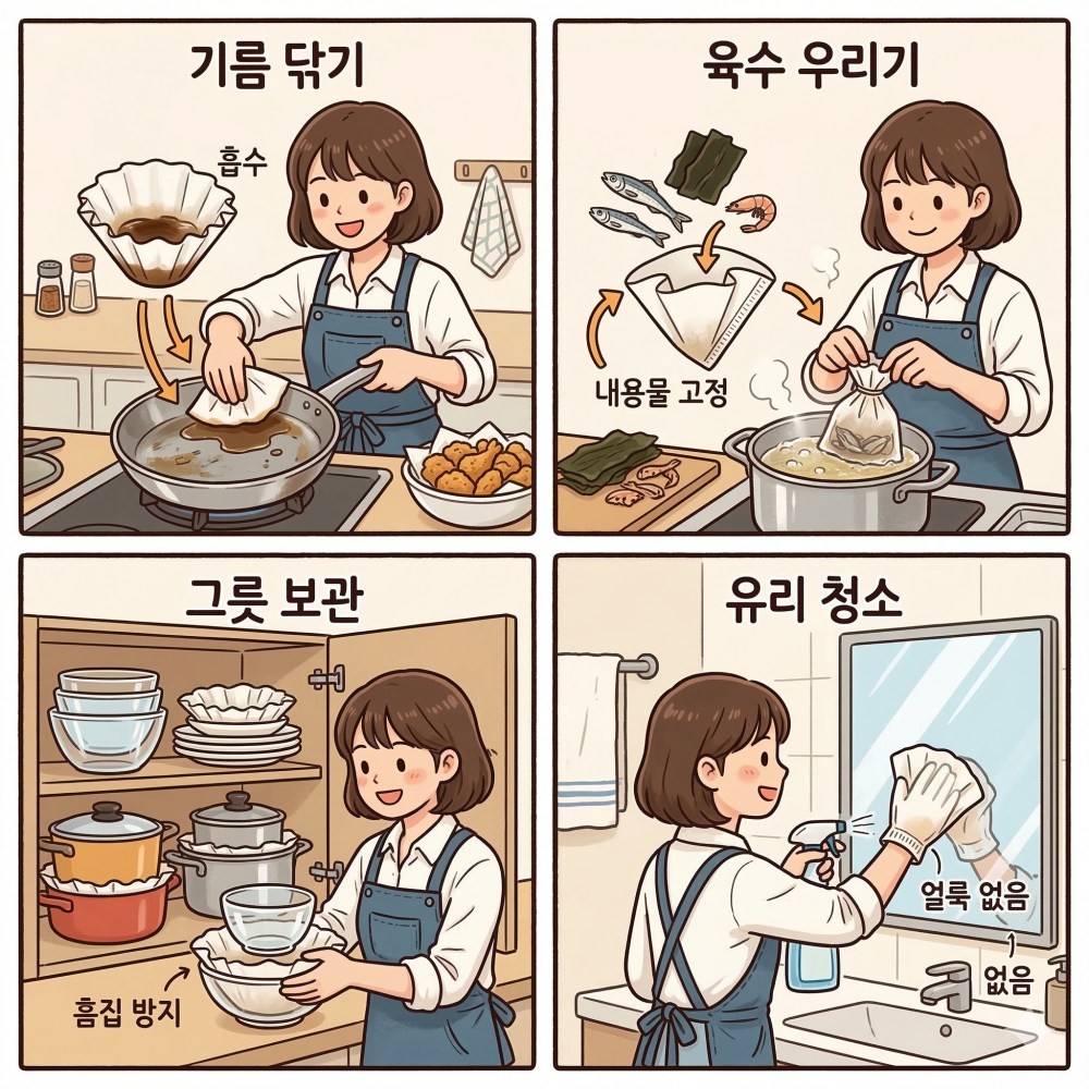 [만화] 기사를 바탕으로 AI가 생성한 만화. 커피 필터는 키친타월 대용 기름 제거, 육수팩 등의 용도로 활용할 수 있다.