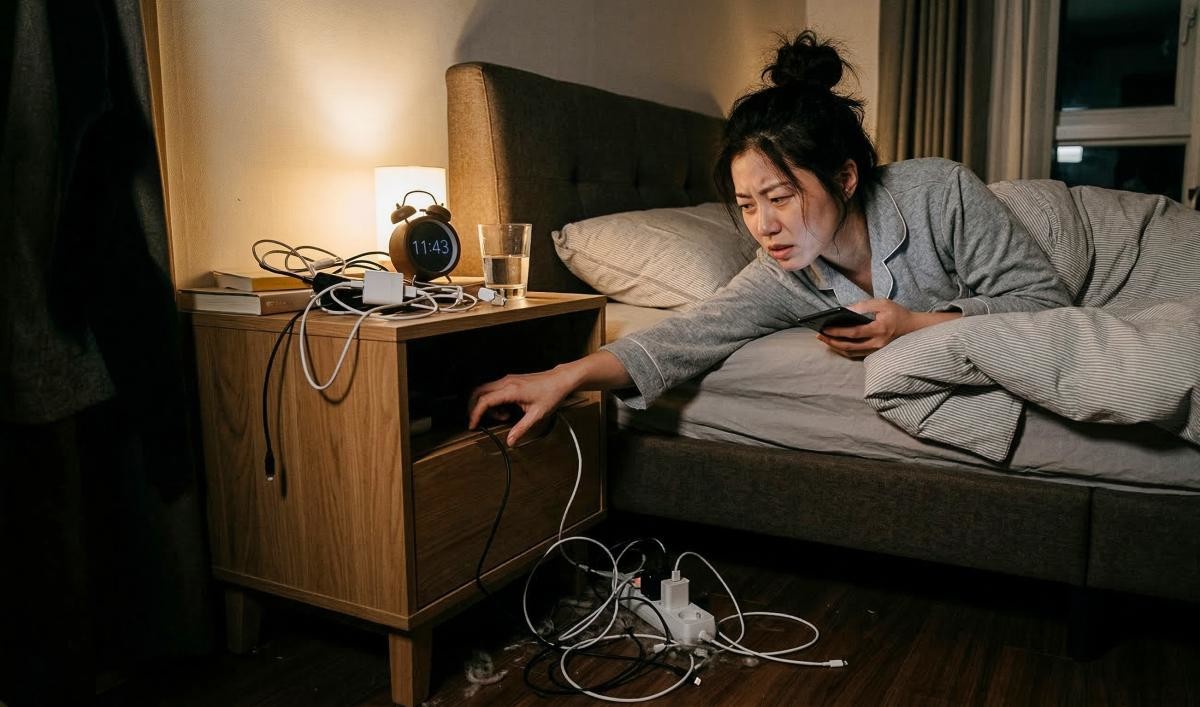 매번 침대 옆에서 충전기를 찾기 위해 손을 더듬는 번거로운 모습. 기사 내용 토대로 AI툴 활용해 제작한 자료사진.