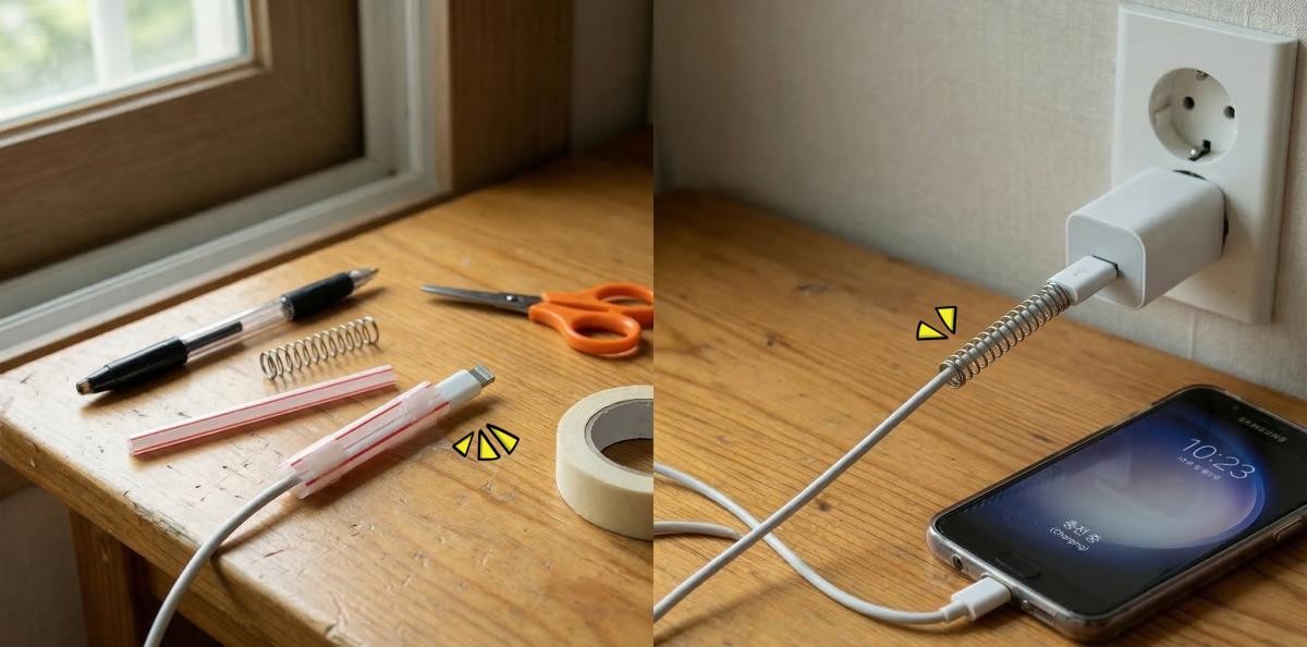 빨대, 볼펜 스프링 등을 활용한 충전기 케이블 더 오래 쓰는 꿀팁들. 기사 내용 토대로 AI툴 활용해 제작한 자료사진.