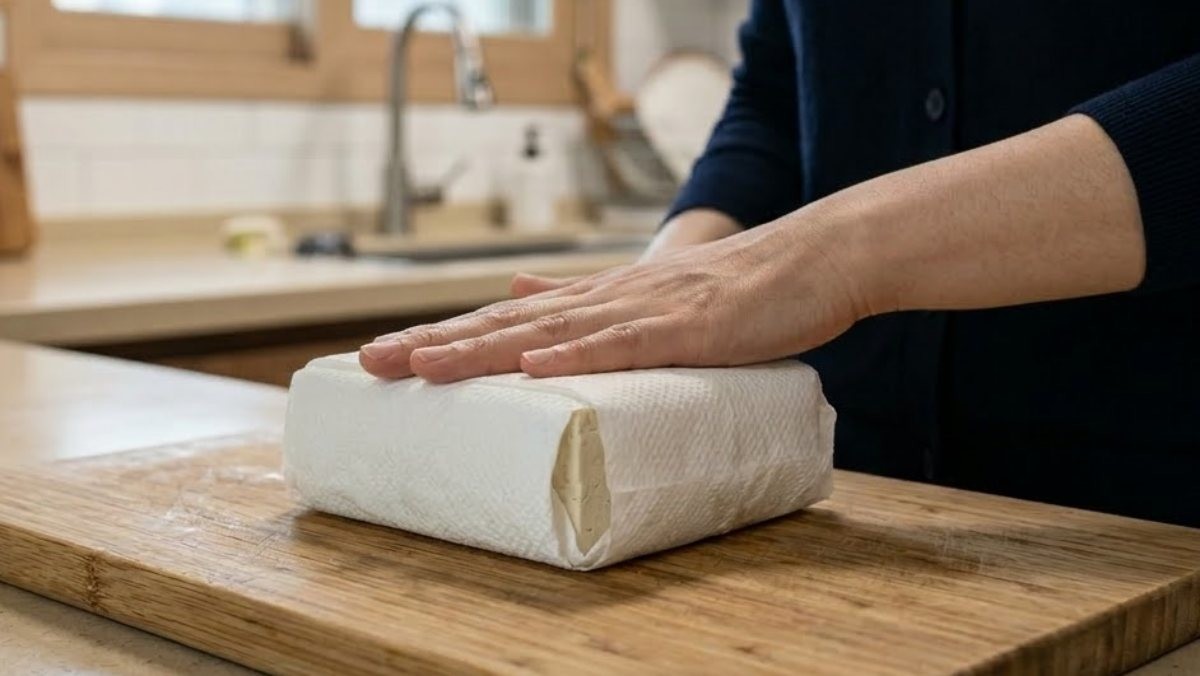 두부 한 모를 키친타월로 감싼 모습. AI가 생성한 자료사진.