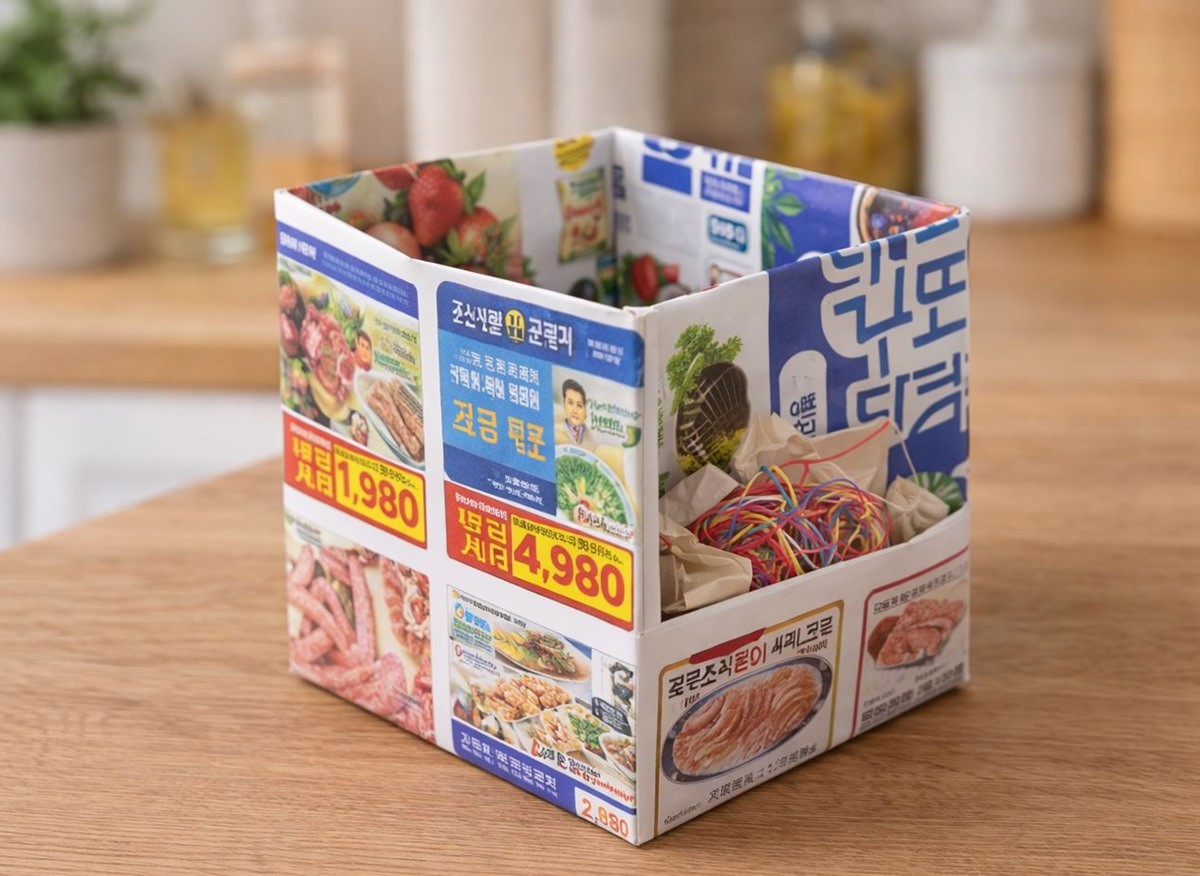 마트 전단지로 만든 탁상용 미니 쓰레기통 모습. 기사 이해를 돕기 위해 AI를 활용해 제작한 자료 사진입니다. 실제 모습과 다소 차이가 있을 수 있습니다.