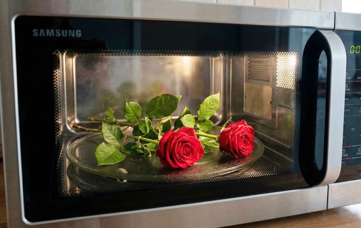 전자레인지에 장미꽃을 넣은 모습. 기사 이해를 돕기 위해 AI를 활용해 제작한 자료 사진입니다. 실제 모습과 다소 차이가 있을 수 있습니다.