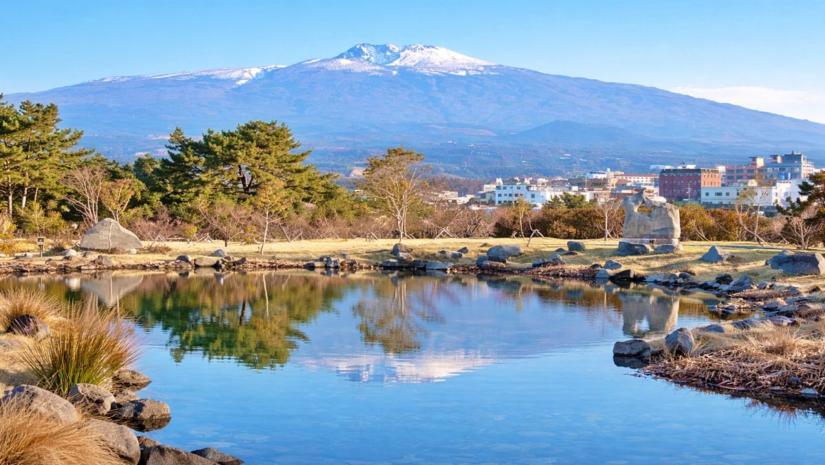 칠십리시공원 연못에 비친 한라산. 기사 이해를 돕기 위해 AI로 제작한 자료 이미지로, 실제 모습과 다소 차이가 있을 수 있습니다.