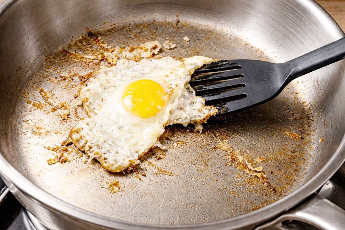 스텐팬(스테인리스 프라이팬)에 계란후라이가 눌어붙은 모습. 기사 이해를 돕기 위해 AI를 활용해 제작한 자료 사진입니다.