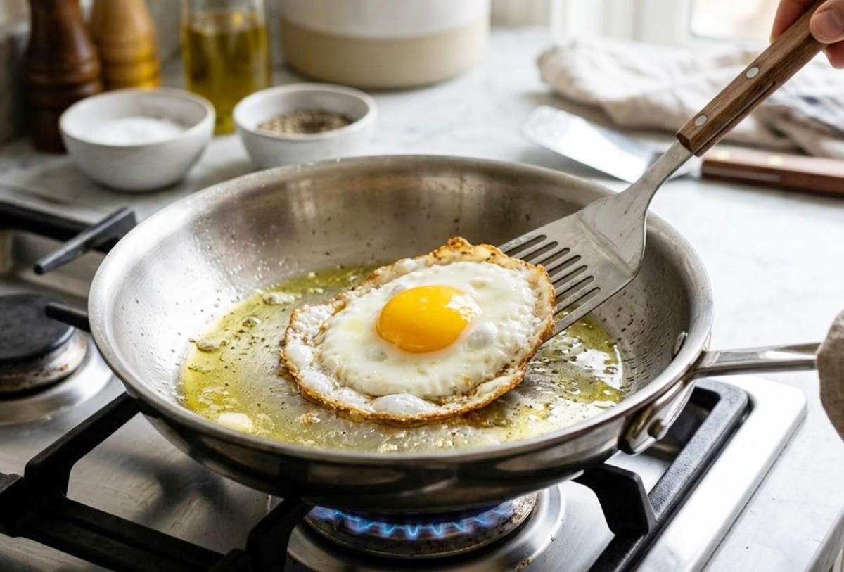 스텐팬에서 계란후라이가 눌어붙지 않게 잘 조리되고 있는 모습. 기사 이해를 돕기 위해 AI를 활용해 제작된 자료 사진입니다. 실제 모습과 다소 차이가 있을 수 있습니다.