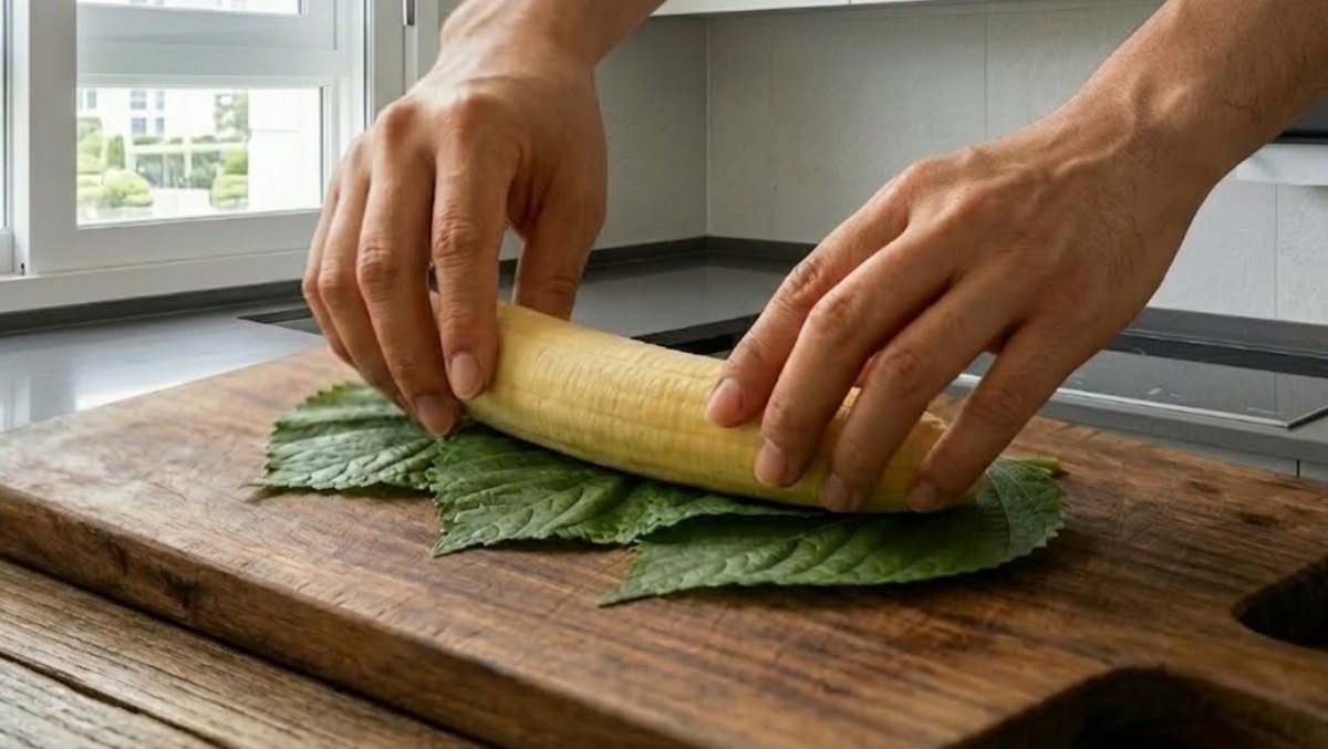 깻잎 위에 바나나를 올려놓은 모습. AI가 생성한 자료사진.