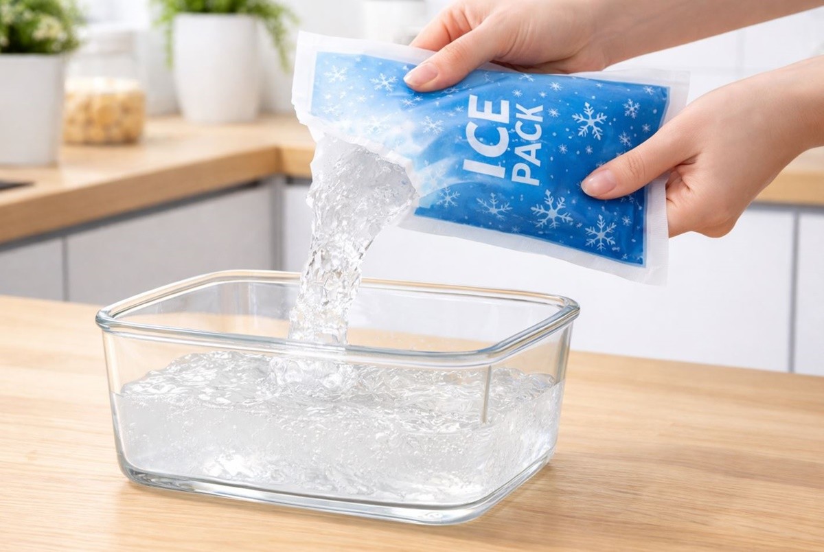 아이스팩에 있는 젤 타입 성분을 용기에 따르는 모습. 기사 이해를 돕기 위해 AI를 활용해 제작한 자료 사진입니다. 실제 모습과 다소 차이가 있을 수 있습니다.