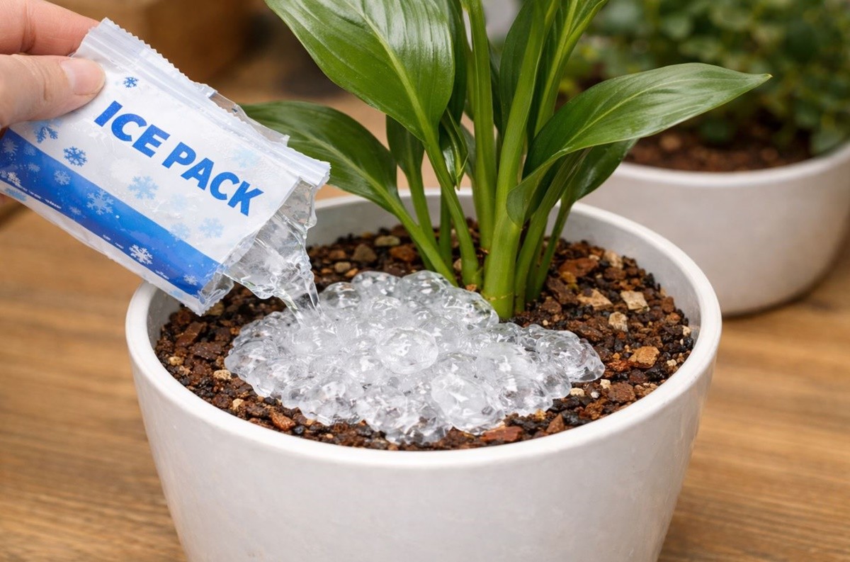아이스팩에 있는 젤 타입 성분을 화초(화분)에 부어주는 모습. 기사 이해를 돕기 위해 AI를 활용해 제작한 자료 사진입니다. 실제 모습과 다소 차이가 있을 수 있습니다.