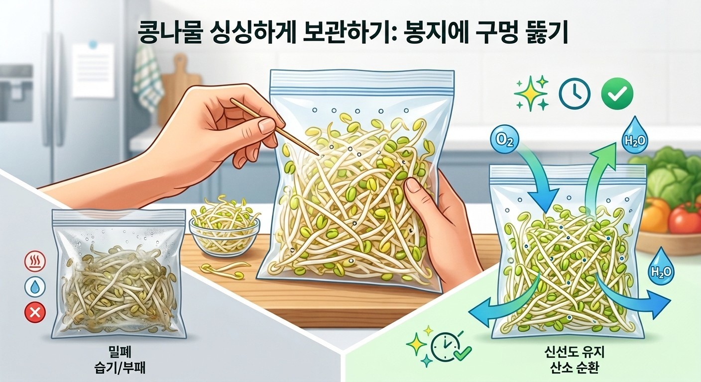 [인포그래픽] 기사를 바탕으로 AI가 생성한 인포그래픽 이미지. 이쑤시개를 이용해 콩나물 봉지 곳곳에 조그만 구멍을 여러 개 뚫어주면, 콩나물의 신선도를 높일 수 있다. 봉지의 구멍을 통해 산소가 순환되면 내부 습기와 열로 인한 부패를 줄인다.