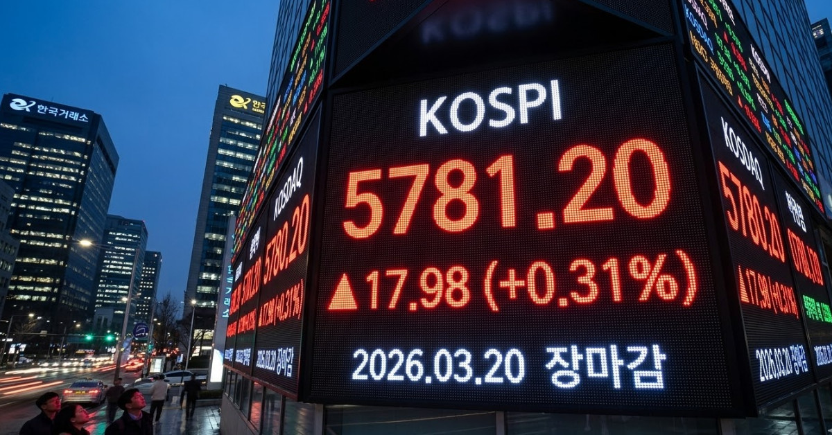 26년 3월 20일 코스피 마감 지수. 기사 이해를 돕기 위해 AI로 제작한 이미지.